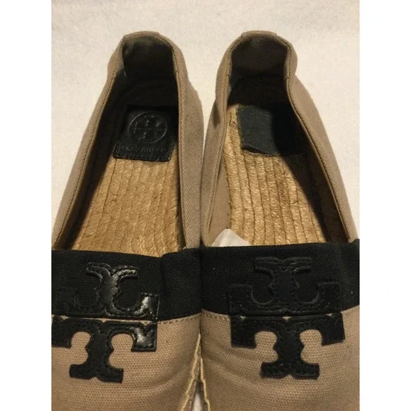 Tory Burch Canvas Logo Espadrille Flats Tan Black Slip On Shoes size 6 - Picture 2 of 4